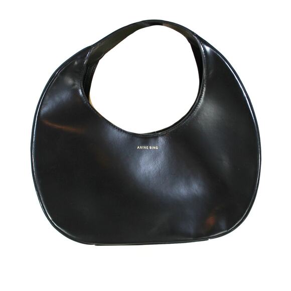 Anine Bing Luna Soft Smooth Black Leather Shoulder Handbag Gold Logo Croissant - Picture 1 of 8